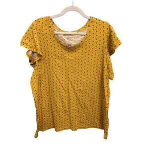 St Johns Bay Top Size XXL Lace Trim Short Sleeve Geometric Print Cotton Yellow